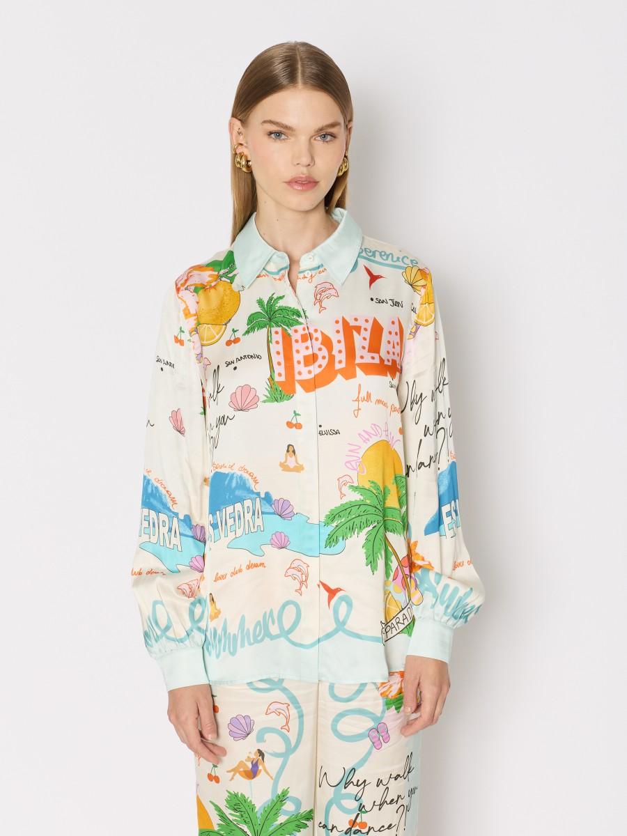 Berenice Chemise CALIFULLMOON ample imprimé tropical manches longues et viscose fluide