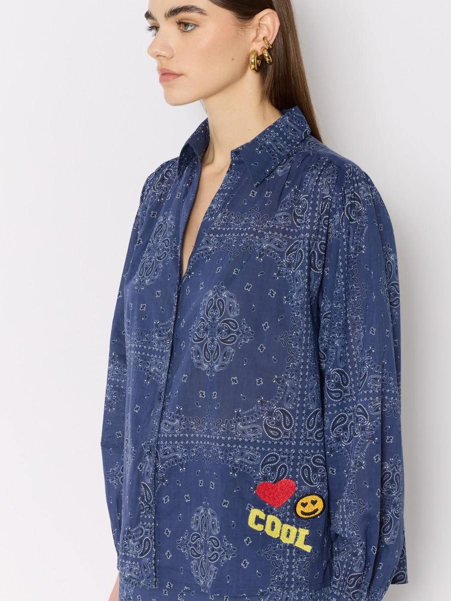 Berenice Chemise CALINA Ample En Coton Imprimé Bandana Bleu Et Patchs "Cool"