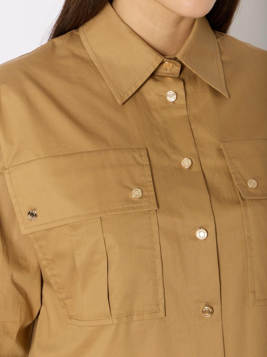 Berenice Chemise Camel CLOTA En Popeline - Chemise Droite Avec Poches Et Boutonnage Doré