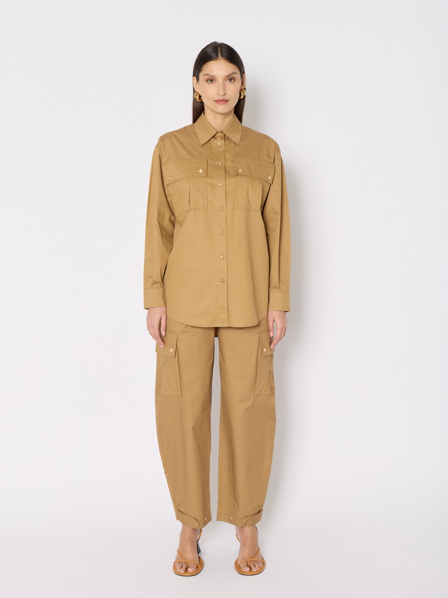 Berenice Chemise Camel CLOTA En Popeline - Chemise Droite Avec Poches Et Boutonnage Doré