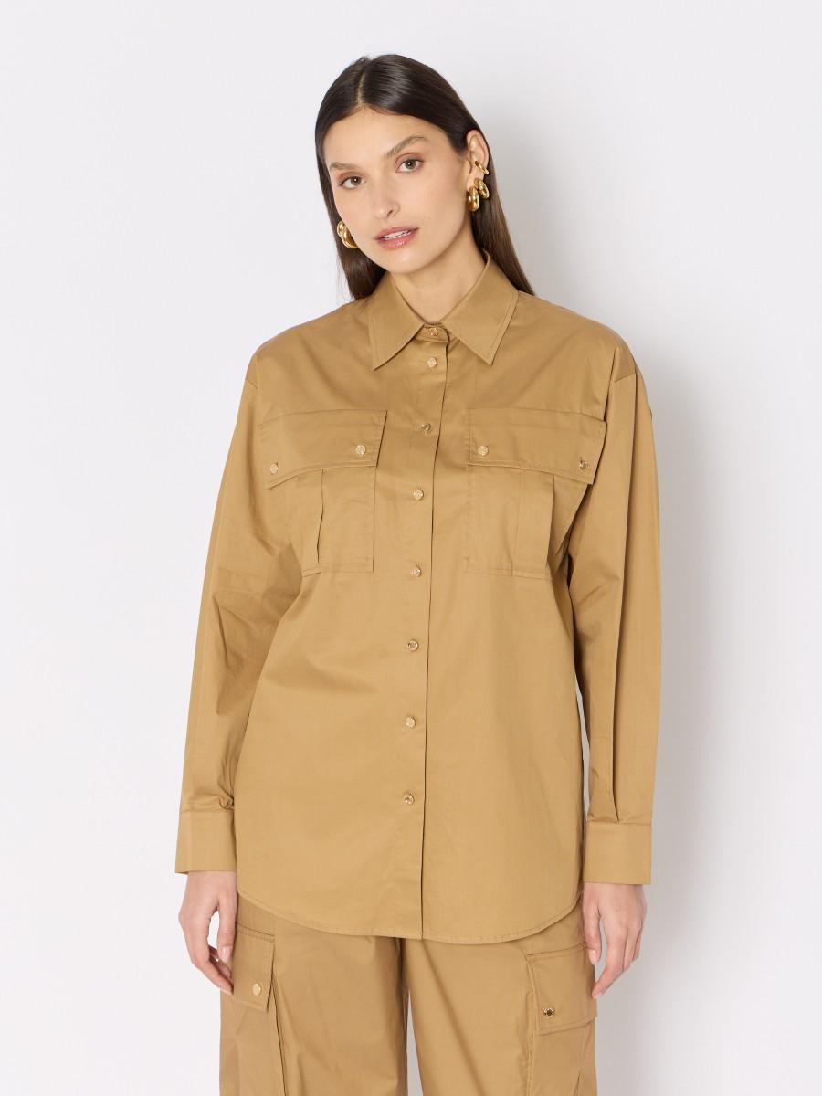 Berenice Chemise camel CLOTA en popeline - Chemise droite avec poches et boutonnage doré