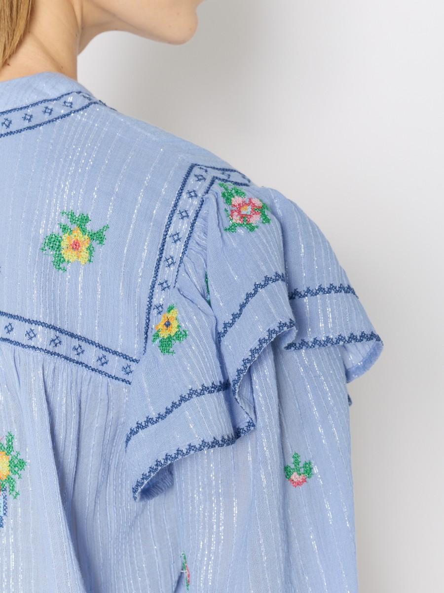 Berenice Chemise CARMENCITA – Tissu Fluide Broderies Florales Col En V Manches Bouffantes