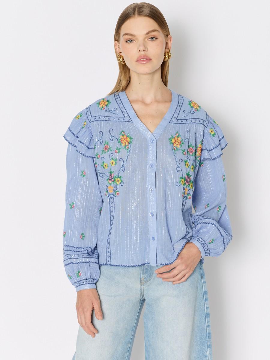 Berenice Chemise CARMENCITA – Tissu Fluide Broderies Florales Col En V Manches Bouffantes