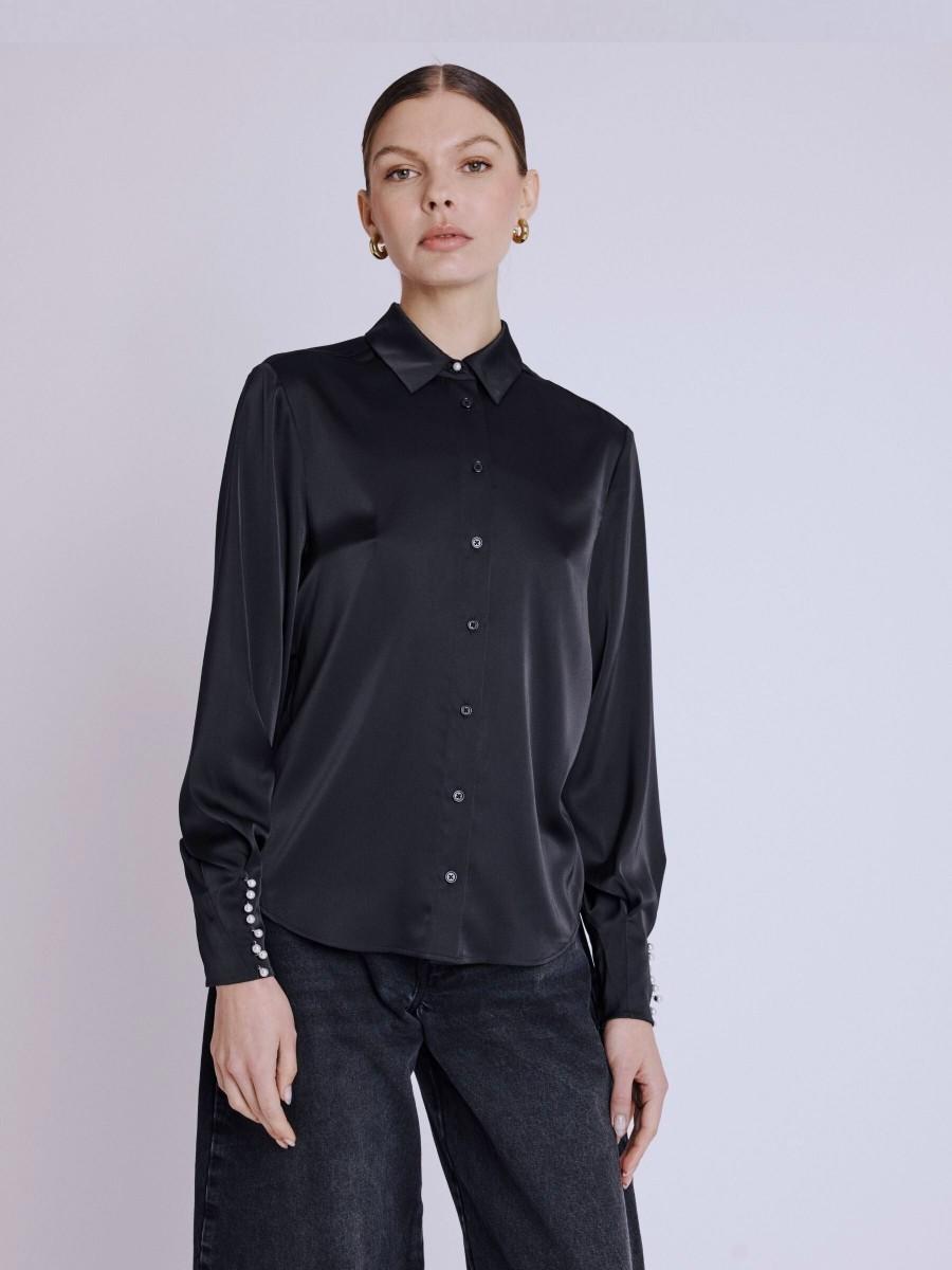 Berenice Chemise CECE Chemise satinée noire ornée de perles aux poignets