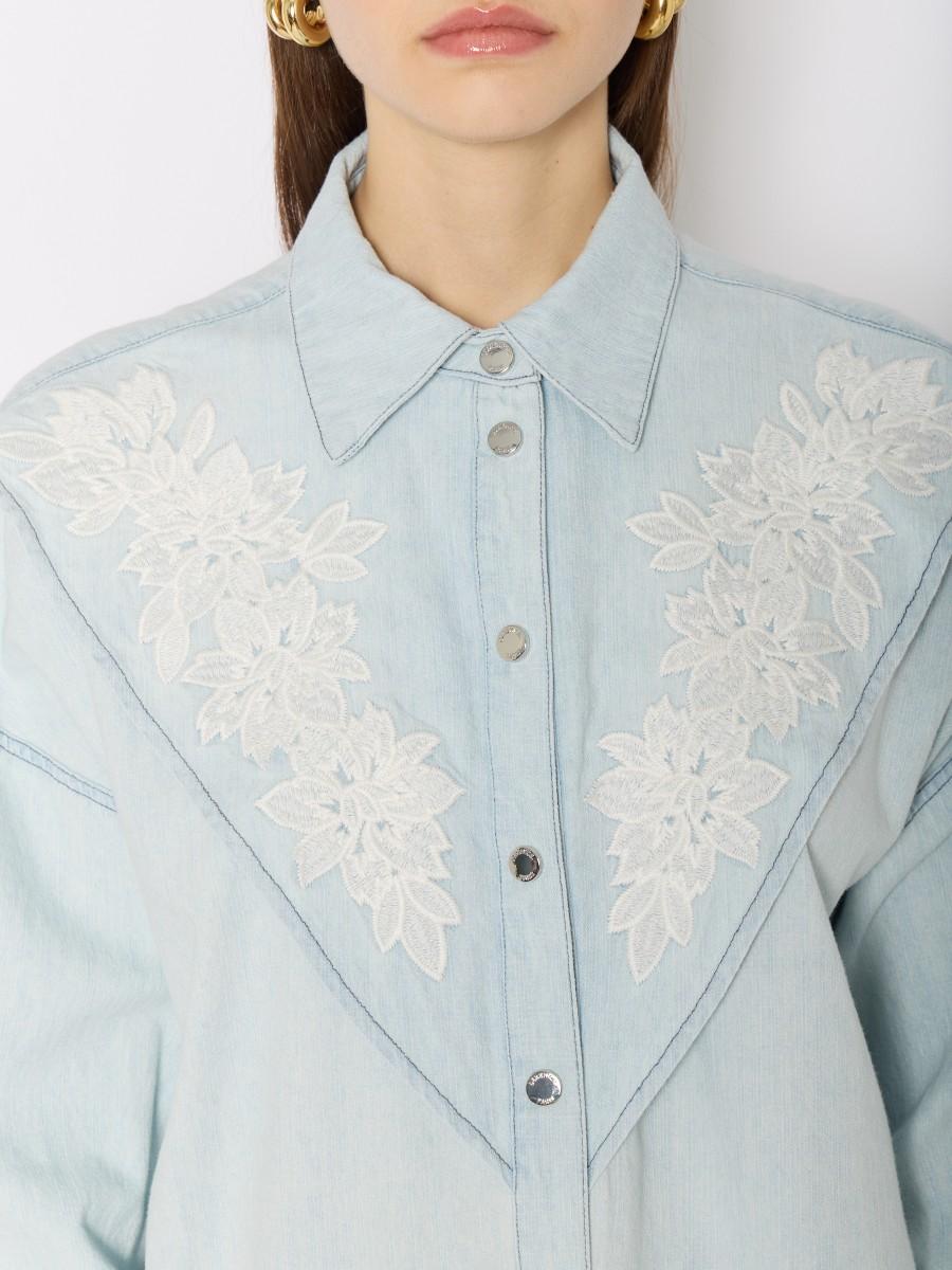 Berenice Chemise CHANNY En Denim Bleu Avec Broderie Florale Et Manches Bouffantes