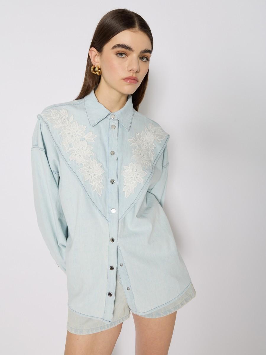 Berenice Chemise CHANNY En Denim Bleu Avec Broderie Florale Et Manches Bouffantes