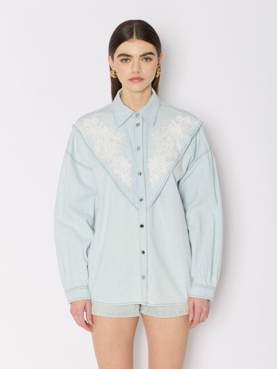 Berenice Chemise CHANNY en denim bleu avec broderie florale et manches bouffantes