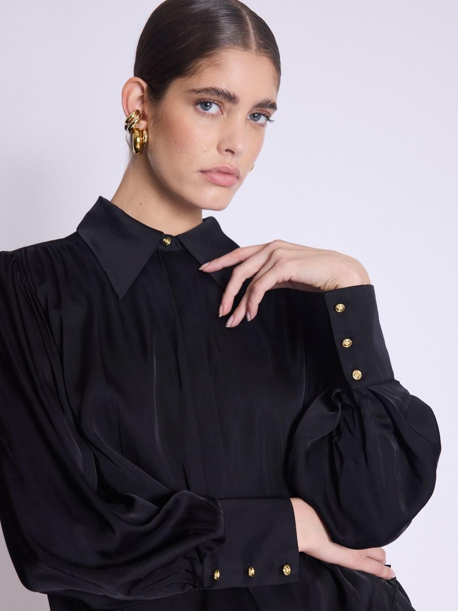 Berenice Chemise CHARLENE Chemise Noire Satinée Et Manches Bouffantes