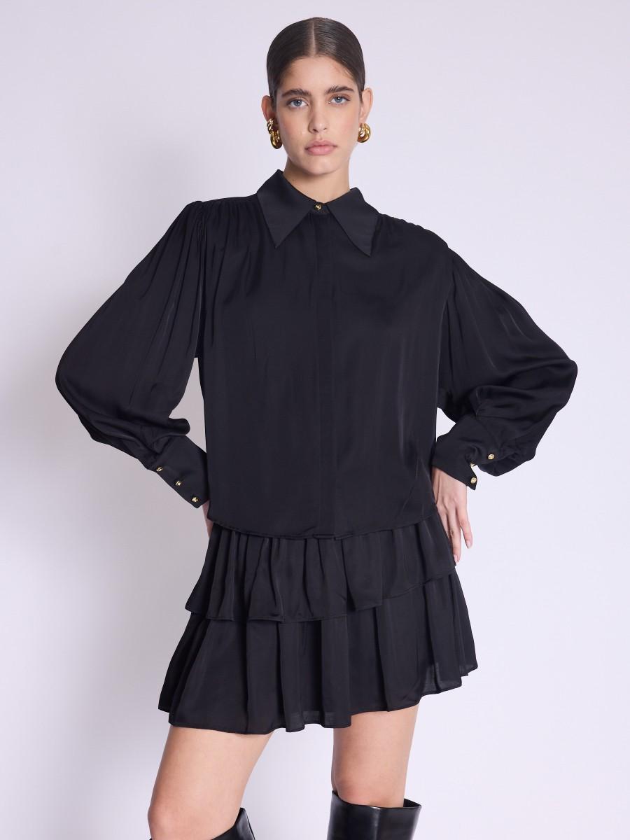 Berenice Chemise CHARLENE Chemise Noire Satinée Et Manches Bouffantes