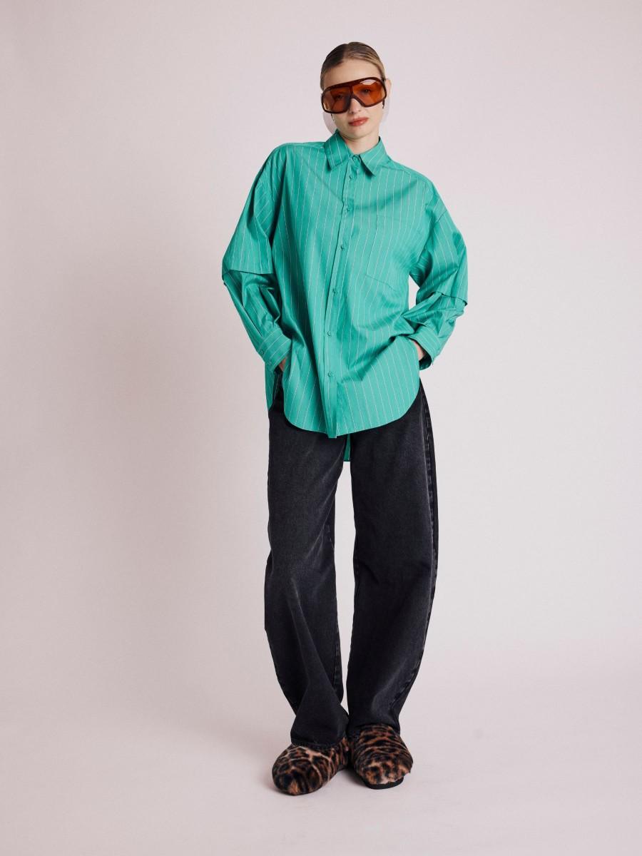 Berenice Chemise COLOR Chemise Oversize Verte à Rayures Et Manches Amovibles