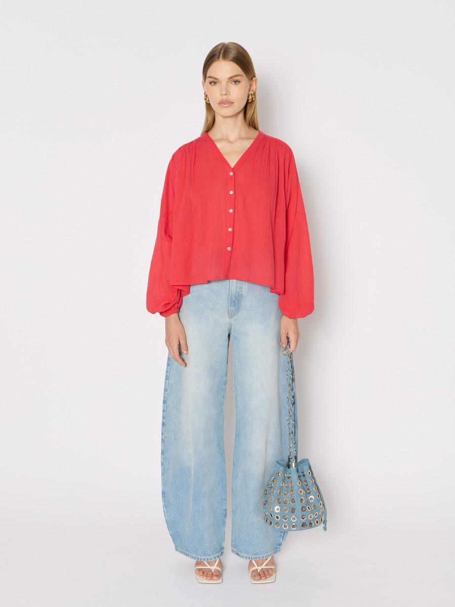 Berenice Chemise Corail CREEK – Coupe Oversize Col V Coton Fluide Manches Bouffantes
