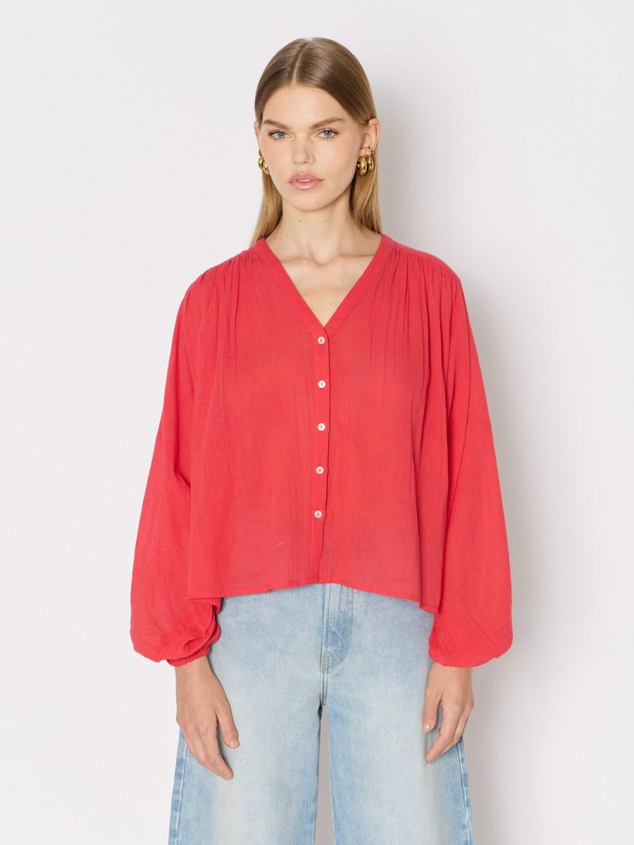 Berenice Chemise corail CREEK – Coupe oversize col V coton fluide manches bouffantes