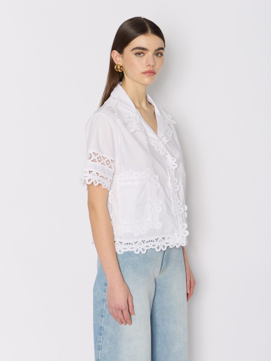 Berenice Chemise Courte Blanche CRYSTAL – Coton Léger Broderies Anglaises Et Col V