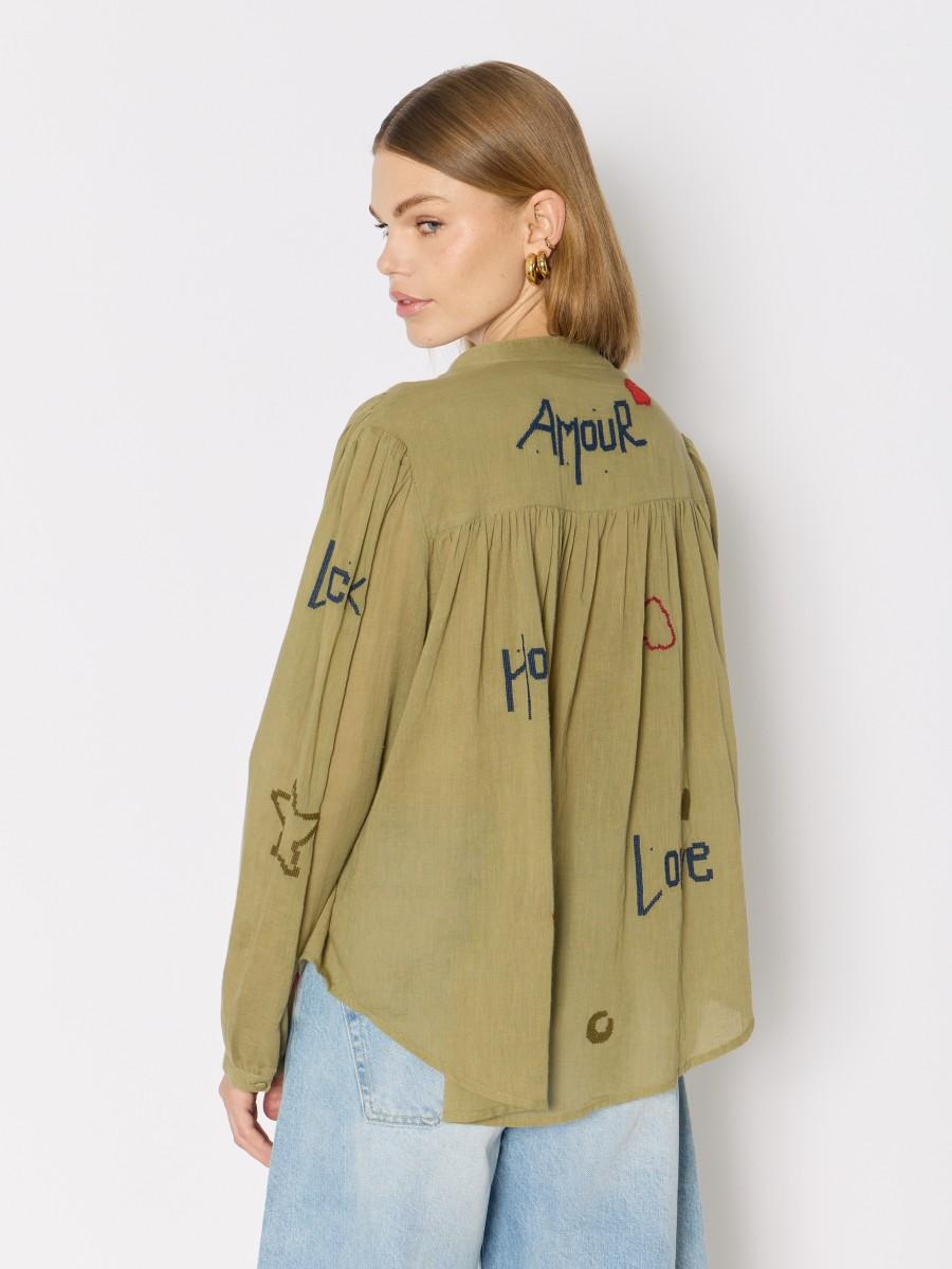 Berenice Chemise Khaki CASSANDRALUCKY - Coton Avec Motifs "Love" Et Manches Bouffantes