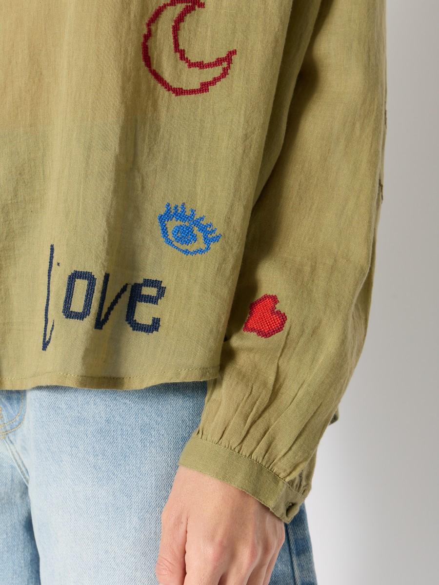 Berenice Chemise Khaki CASSANDRALUCKY - Coton Avec Motifs "Love" Et Manches Bouffantes