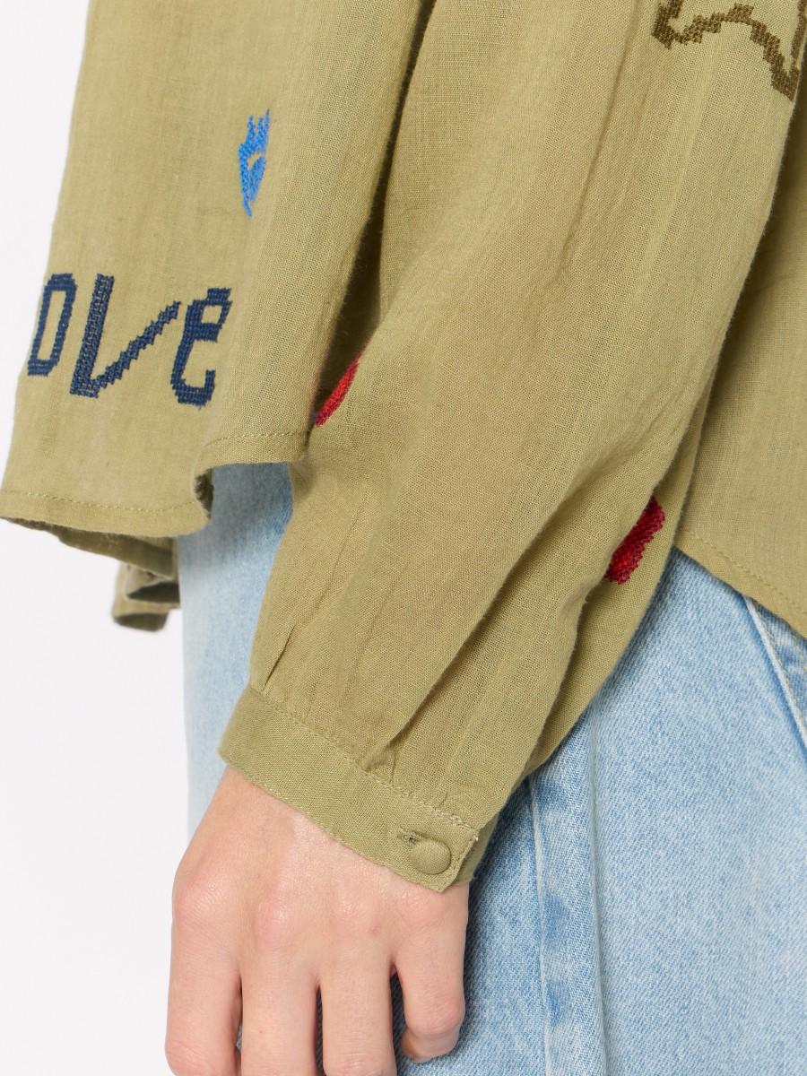 Berenice Chemise Khaki CASSANDRALUCKY - Coton Avec Motifs "Love" Et Manches Bouffantes