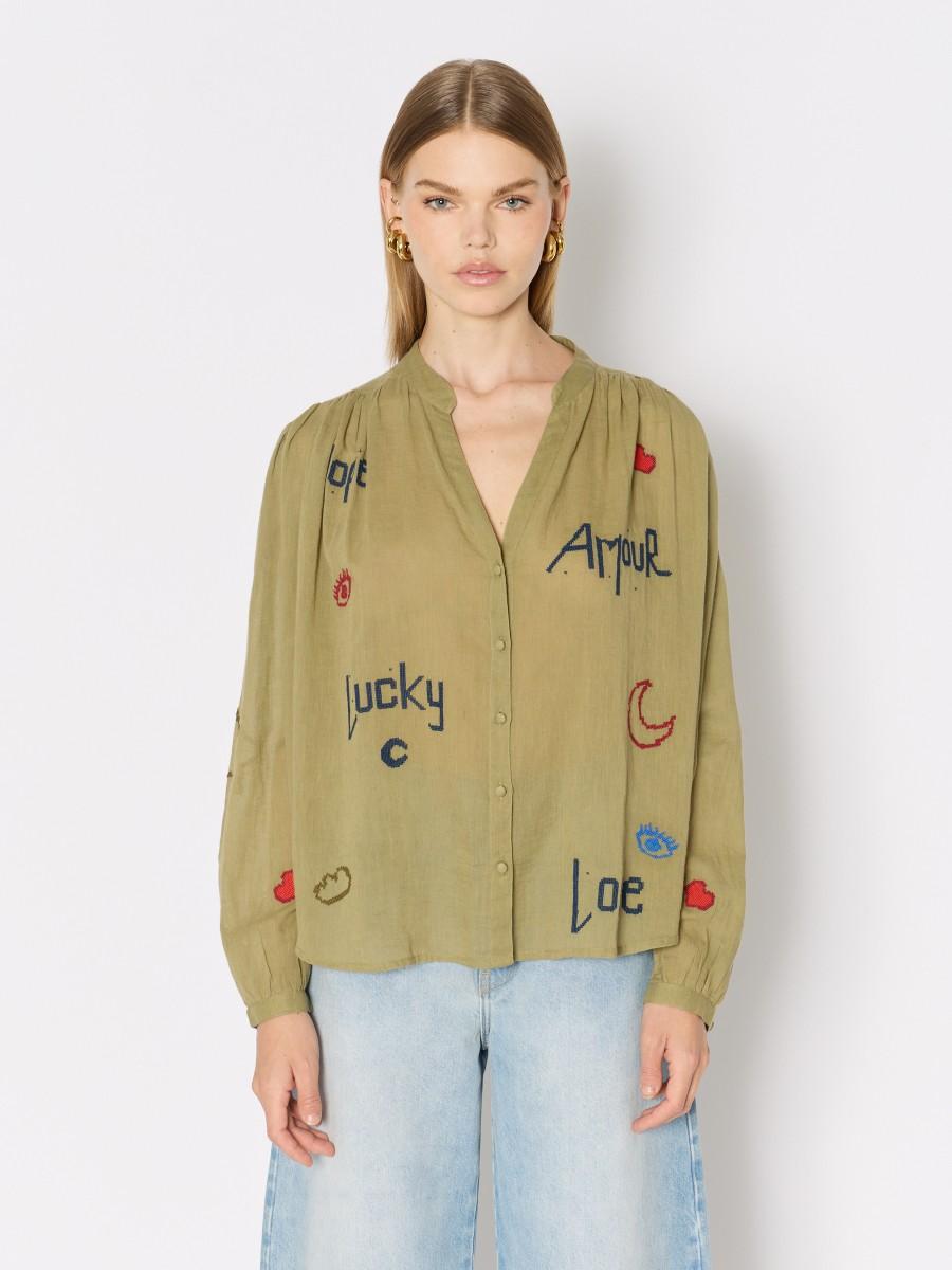 Berenice Chemise khaki CASSANDRALUCKY - Coton avec motifs "Love" et manches bouffantes
