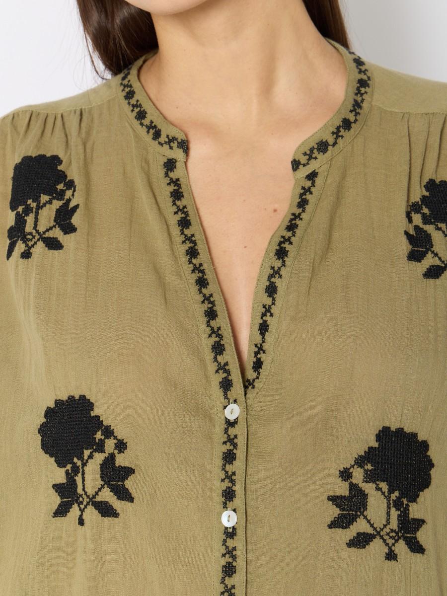 Berenice Chemise Khaki CHAYAFLOWER Ample Avec Broderie Florale Et Manches Bouffantes