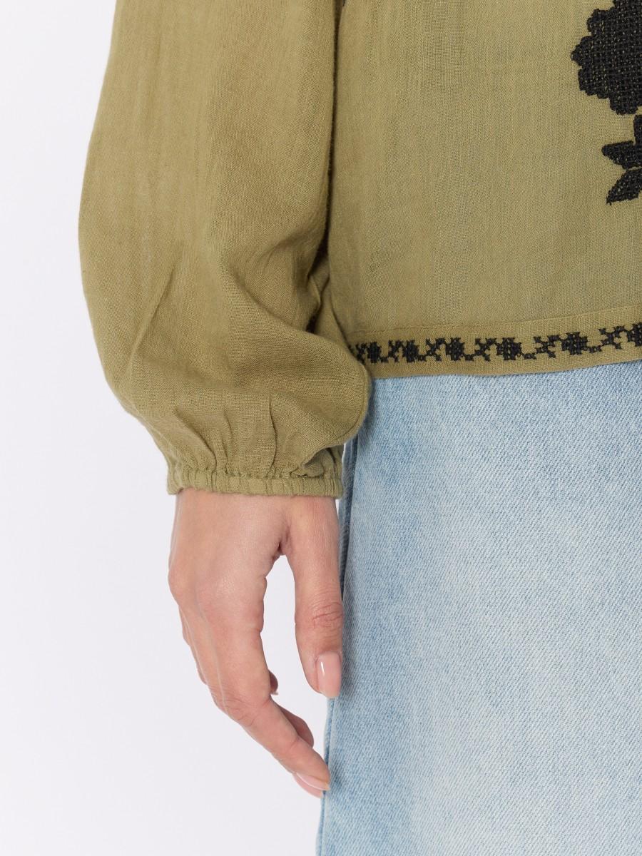 Berenice Chemise Khaki CHAYAFLOWER Ample Avec Broderie Florale Et Manches Bouffantes