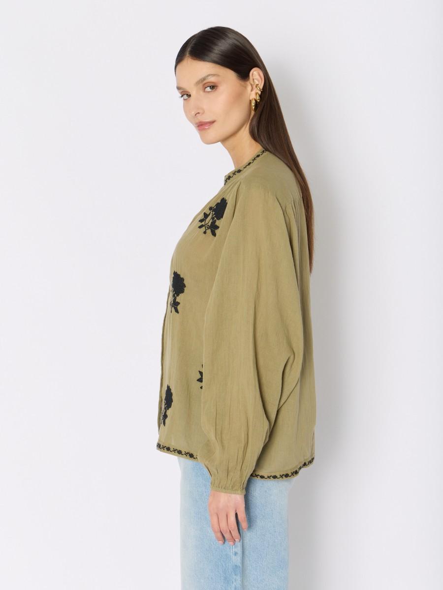 Berenice Chemise Khaki CHAYAFLOWER Ample Avec Broderie Florale Et Manches Bouffantes