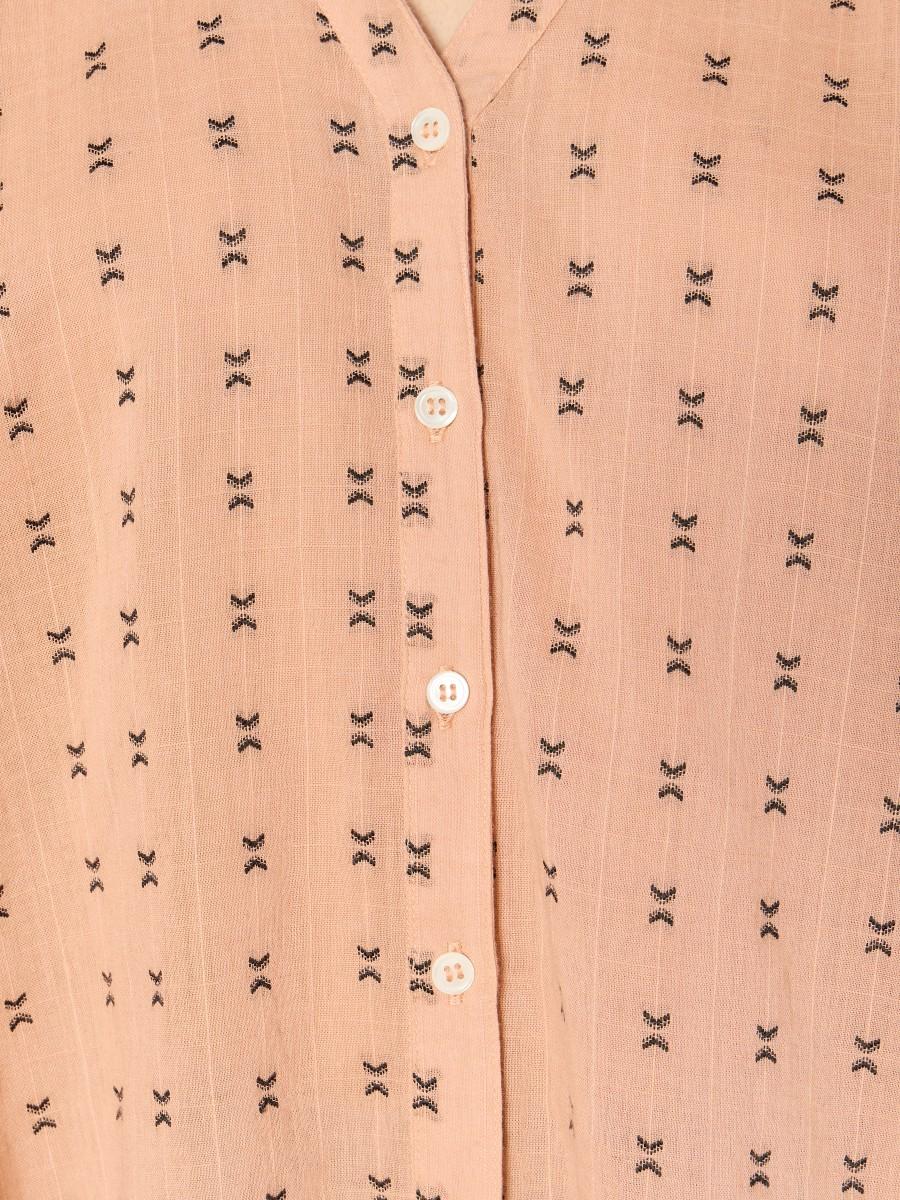 Berenice Chemise Pêche CHAYA - Col V Broderies Jacquard Et Manches Longues Bouffantes