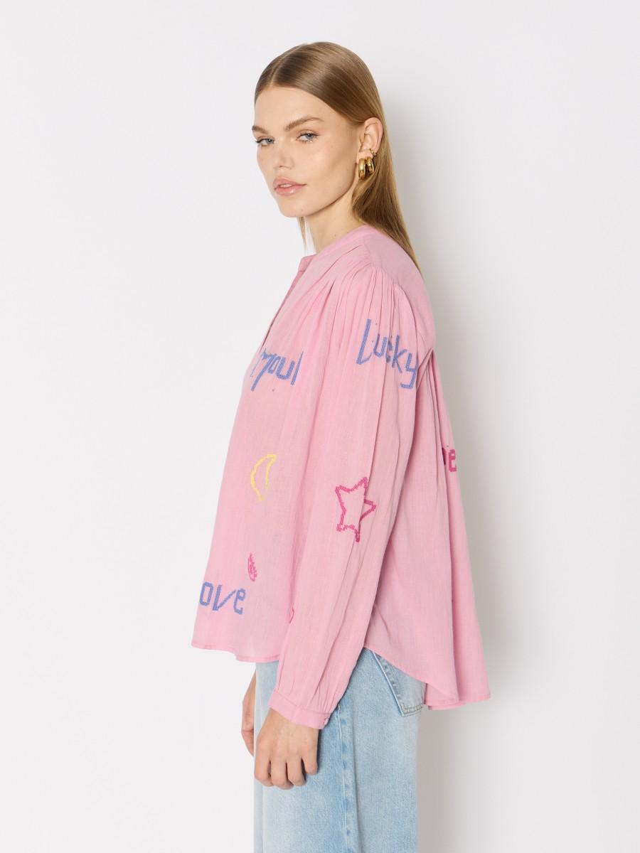 Berenice Chemise Rose CASSANDRALUCKY - Coton Avec Motifs "Love" Et Manches Bouffantes