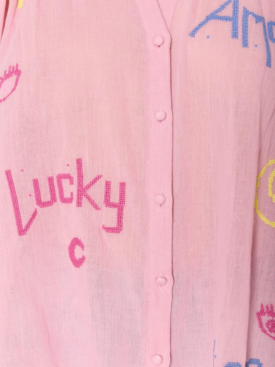 Berenice Chemise Rose CASSANDRALUCKY - Coton Avec Motifs "Love" Et Manches Bouffantes
