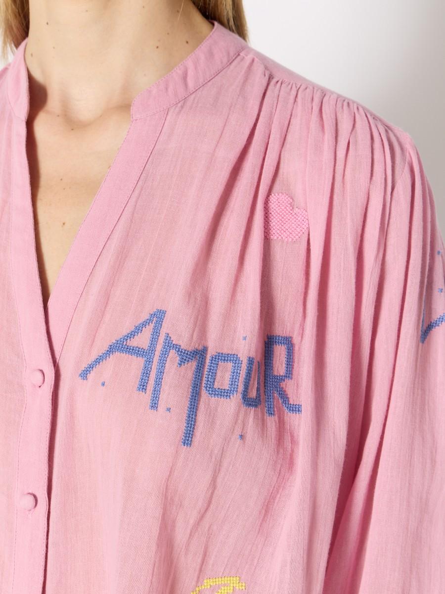 Berenice Chemise Rose CASSANDRALUCKY - Coton Avec Motifs "Love" Et Manches Bouffantes