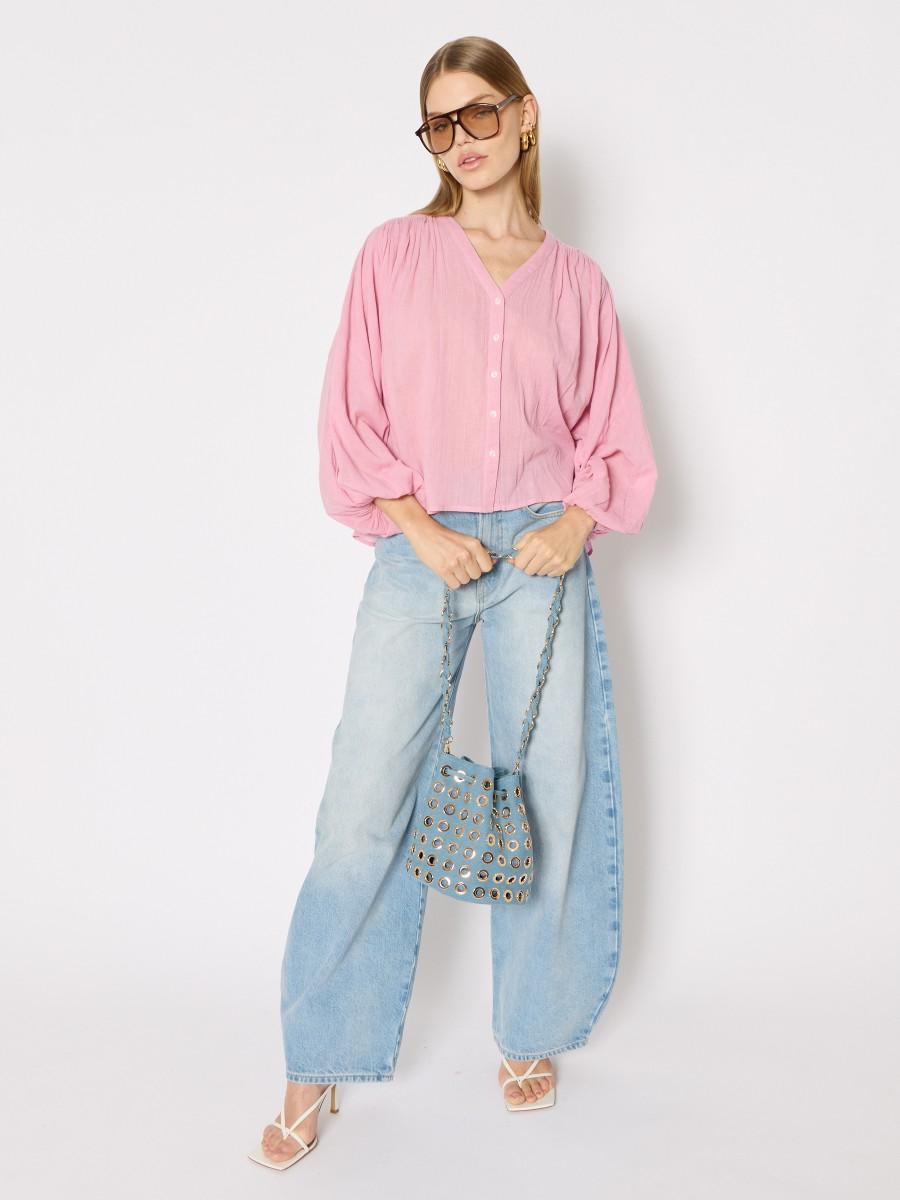 Berenice Chemise Rose CREEK – Coupe Oversize Col V Coton Fluide Manches Bouffantes