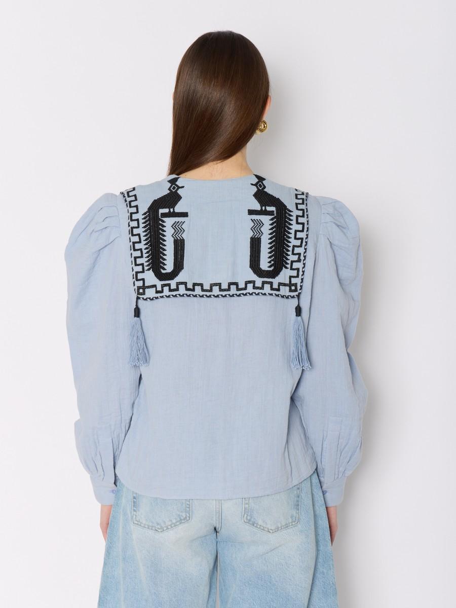 Berenice Chemisier CALISTA Bleu Manches Bouffantes Et Broderies Sur Les Poches