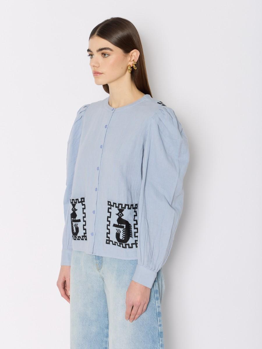 Berenice Chemisier CALISTA Bleu Manches Bouffantes Et Broderies Sur Les Poches