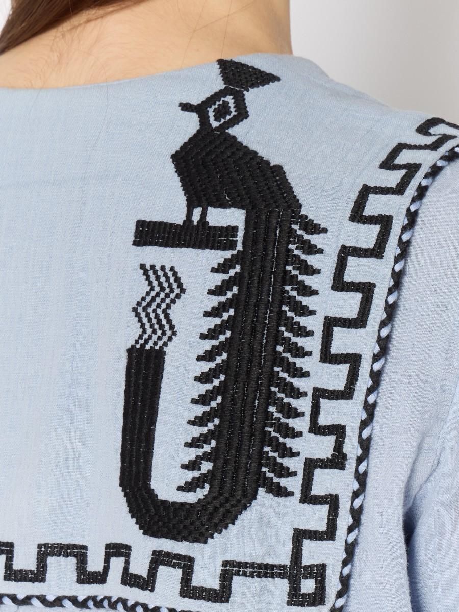 Berenice Chemisier CALISTA Bleu Manches Bouffantes Et Broderies Sur Les Poches