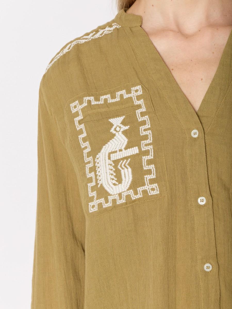 Berenice Chemisier Kaki CALYX Ample En Gaze De Coton Avec Broderies Ethniques Et Col V