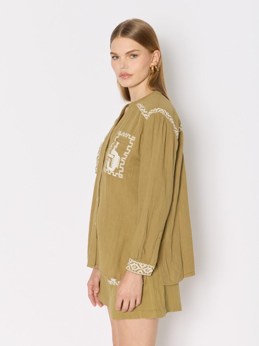 Berenice Chemisier Kaki CALYX Ample En Gaze De Coton Avec Broderies Ethniques Et Col V