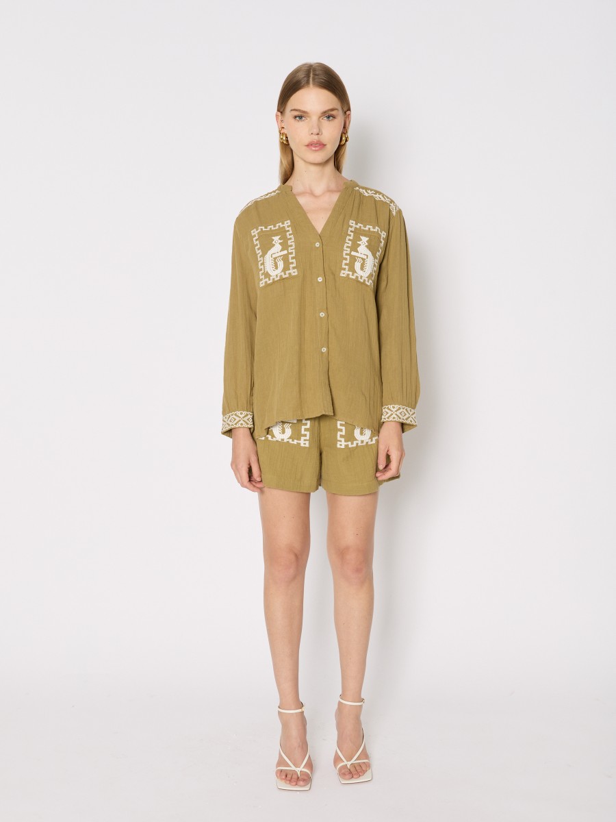 Berenice Chemisier Kaki CALYX Ample En Gaze De Coton Avec Broderies Ethniques Et Col V