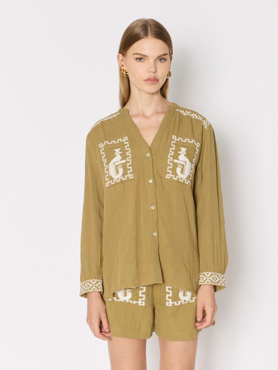 Berenice Chemisier kaki CALYX ample en gaze de coton avec broderies ethniques et col V