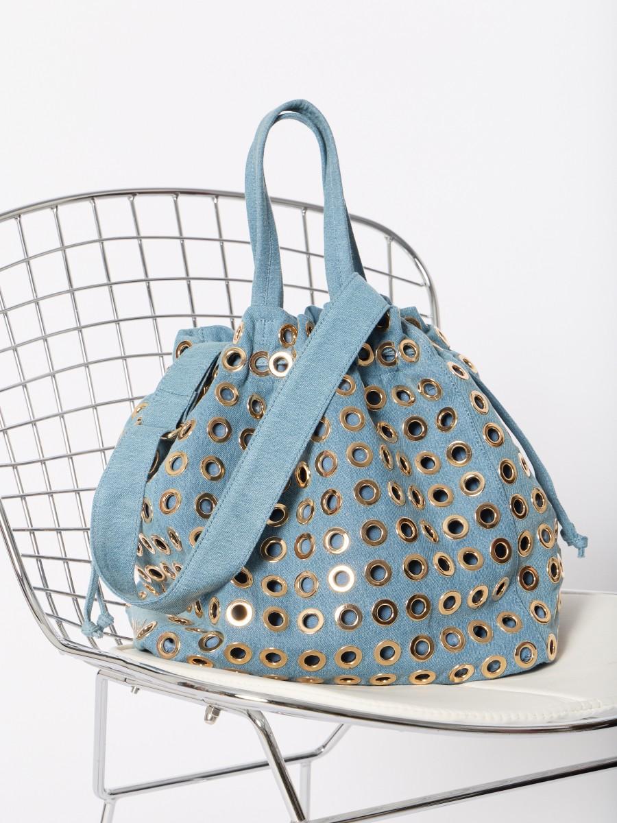 Berenice Grand Sac Cabas AOHSTUDS En Denim Bleu Avec œillets Dorés Et Anse Amovible