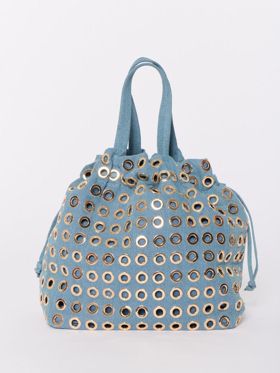 Berenice Grand sac cabas AOHSTUDS en denim bleu avec œillets dorés et anse amovible