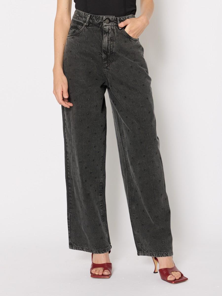 Berenice Jean ATLANTAPEAS Gris Délavé Coupe Wide Leg Avec Motif Plumetis Ton Sur Ton