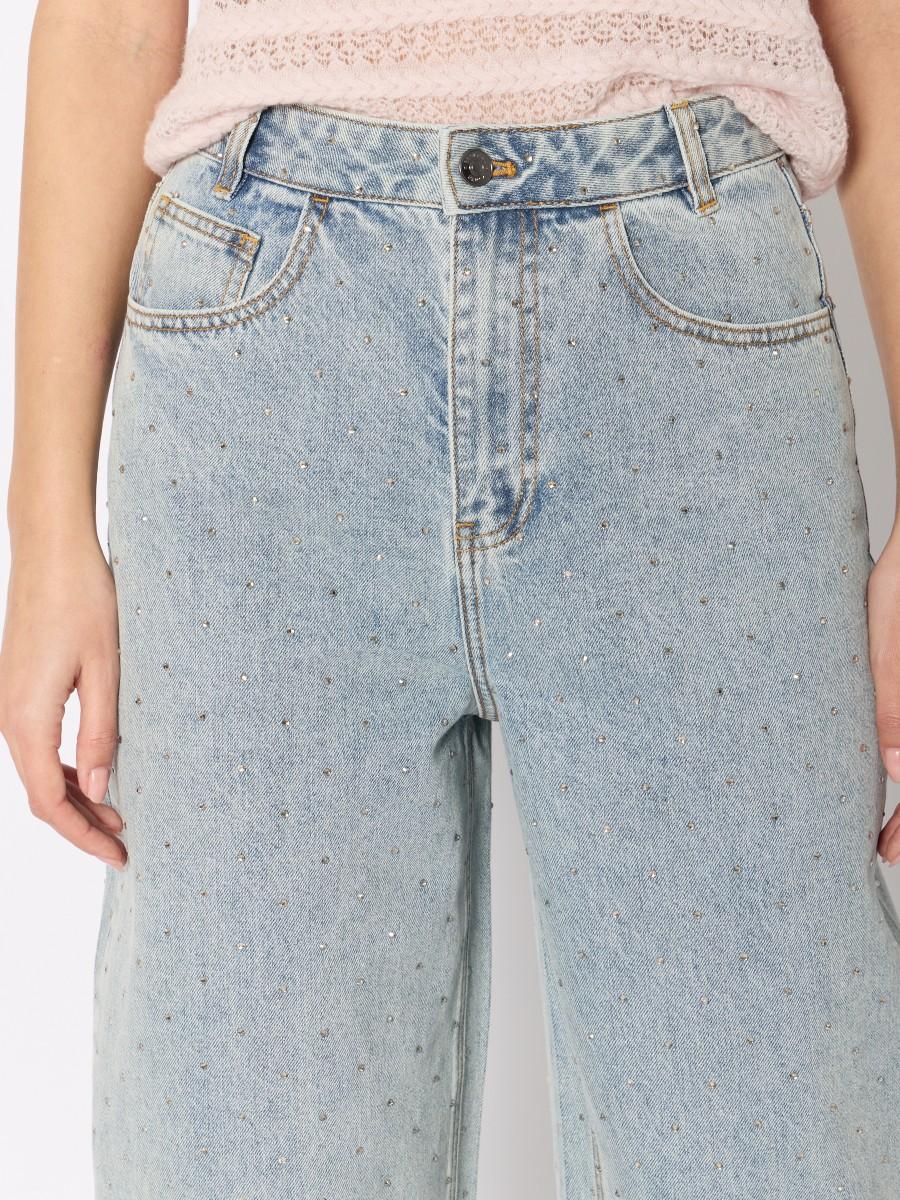 Berenice Jean ATLANTASTRASS Coupe Wide Leg En Denim Bleu Délavé Avec Strass Argentés