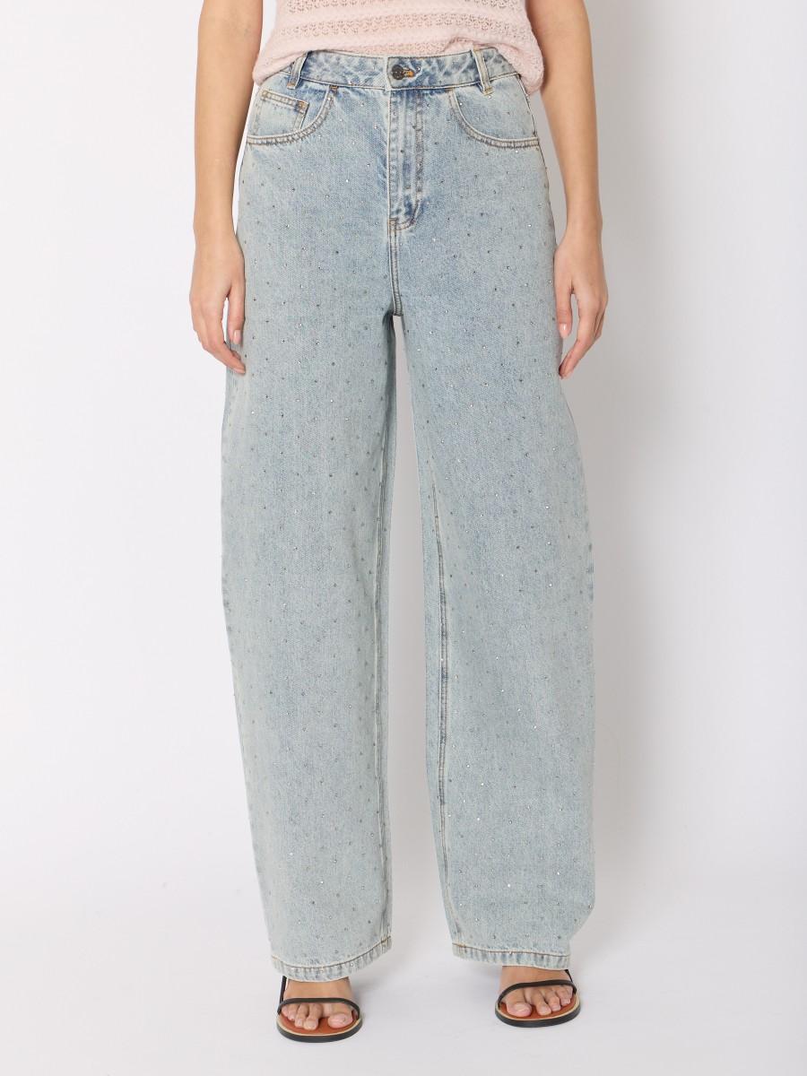 Berenice Jean ATLANTASTRASS Coupe Wide Leg En Denim Bleu Délavé Avec Strass Argentés
