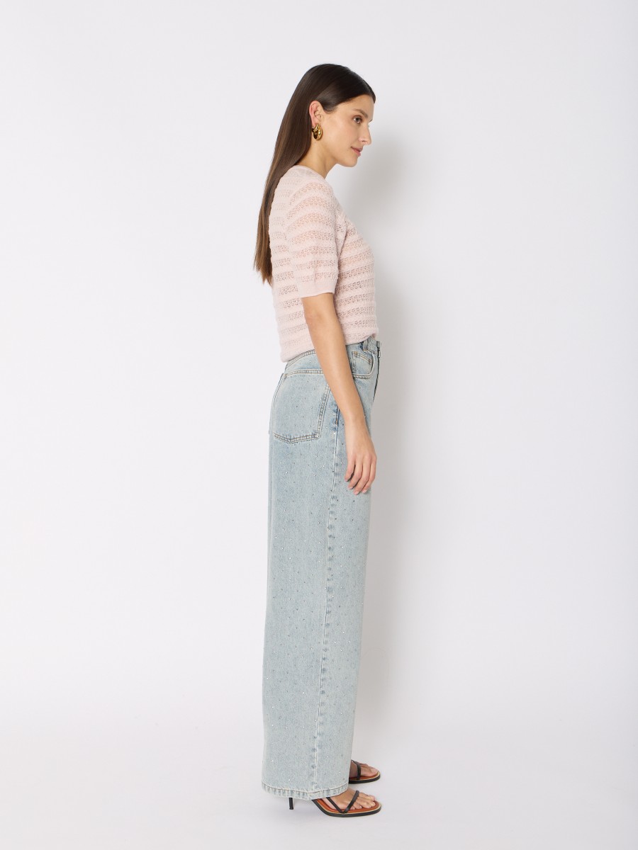 Berenice Jean ATLANTASTRASS Coupe Wide Leg En Denim Bleu Délavé Avec Strass Argentés