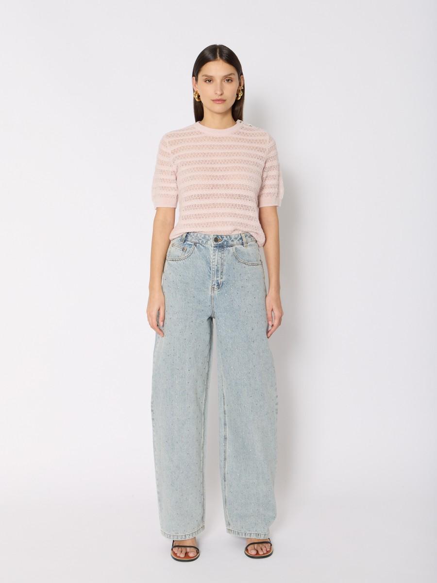 Berenice Jean ATLANTASTRASS coupe wide leg en denim bleu délavé avec strass argentés