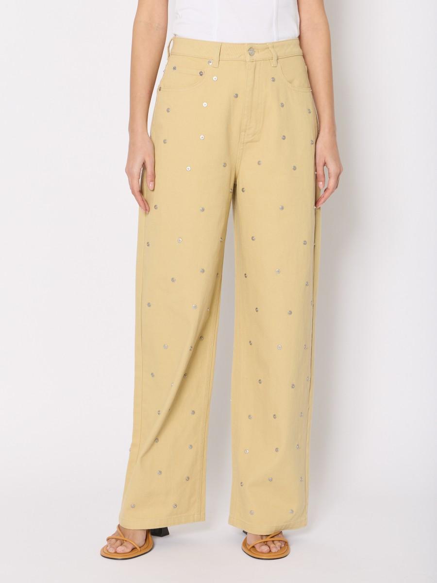 Berenice Jean MONACO – Beige Coupe Droite Studs Métalliques Taille Haute Style Rock