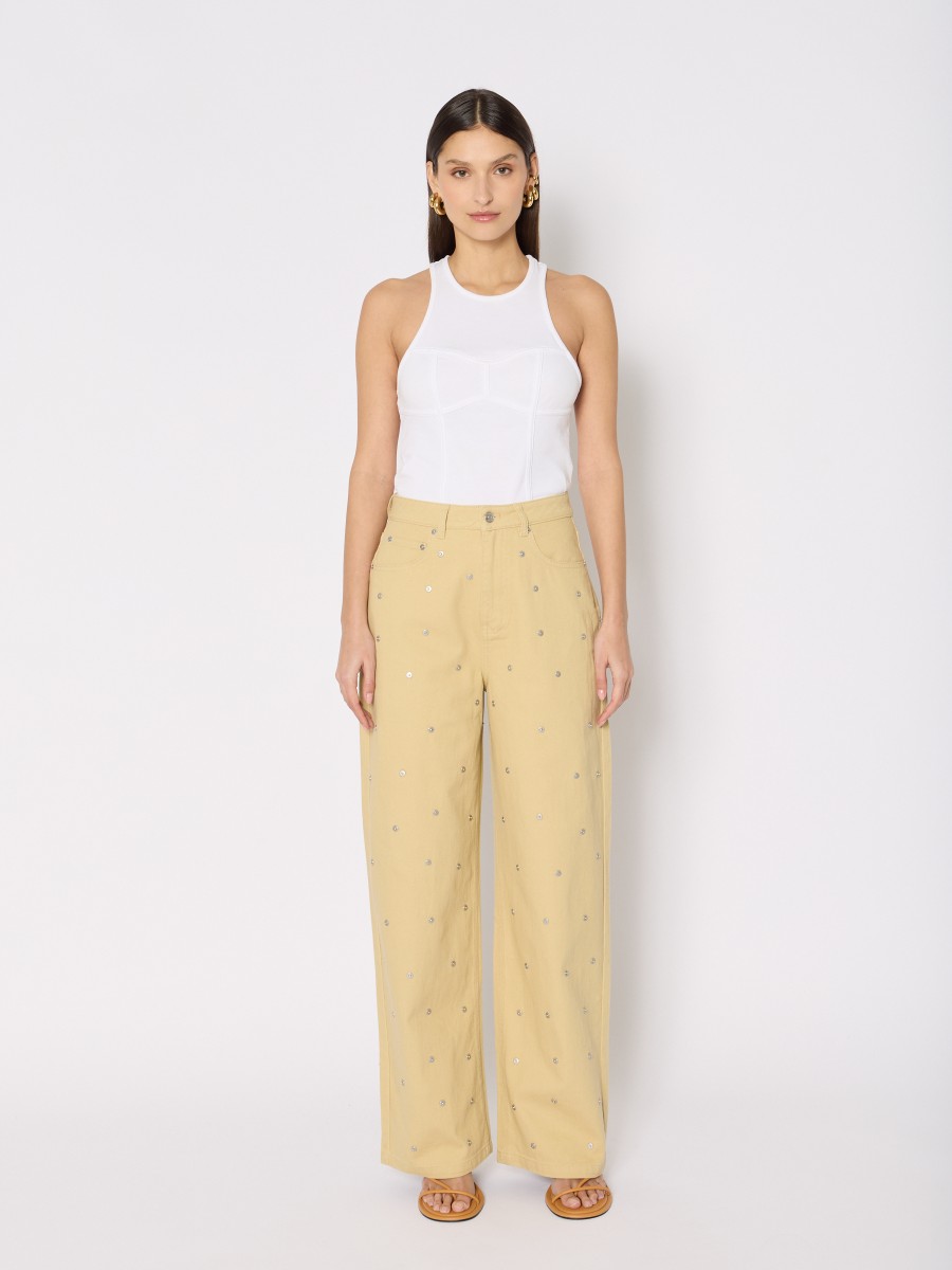 Berenice Jean MONACO – Beige coupe droite studs métalliques taille haute style rock
