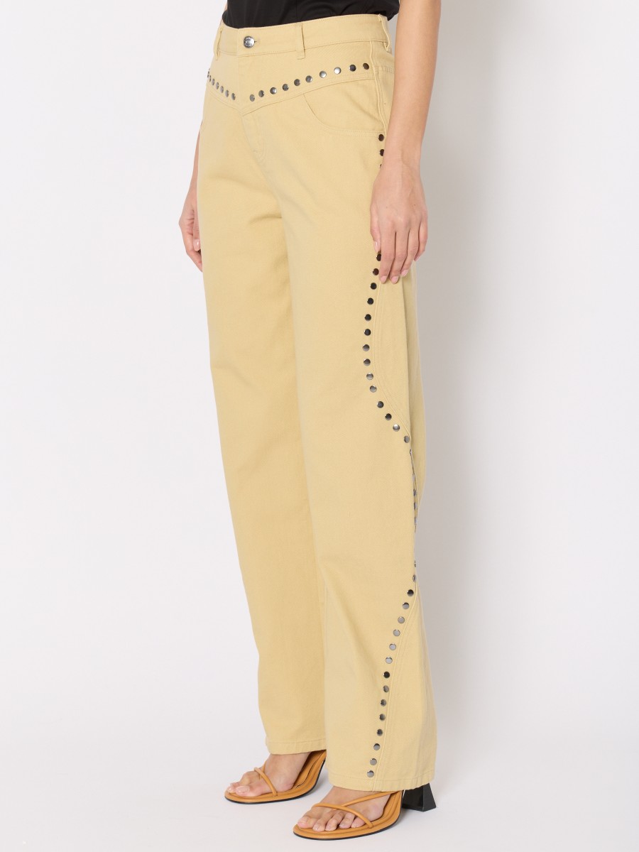 Berenice Jean PAUKLAND – Jean Large Beige Clous Décoratifs 100% Coton Taille Haute