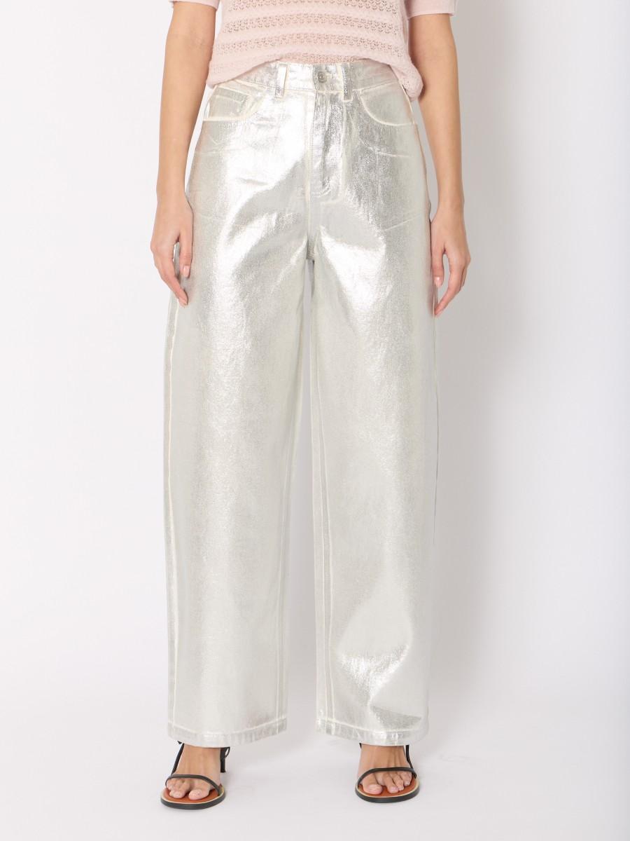 Berenice Jean PHONOLULU – Coupe Wide Leg Enduit Argenté Taille Haute