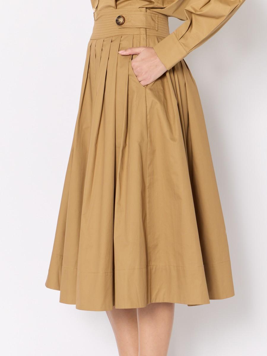 Berenice Jupe Camel JULIET – Midi Plissée En Coton Ceinture Large Boutons Décoratifs