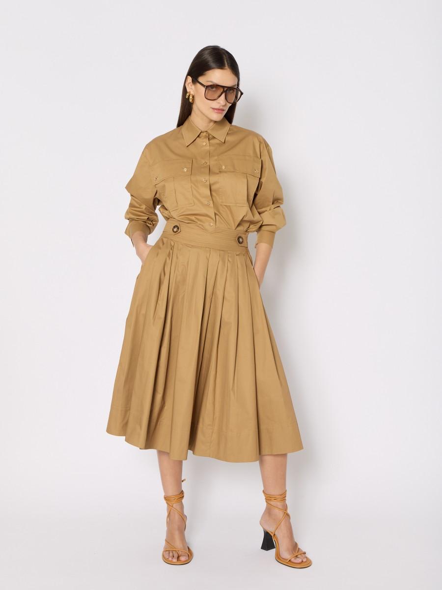 Berenice Jupe Camel JULIET – Midi Plissée En Coton Ceinture Large Boutons Décoratifs