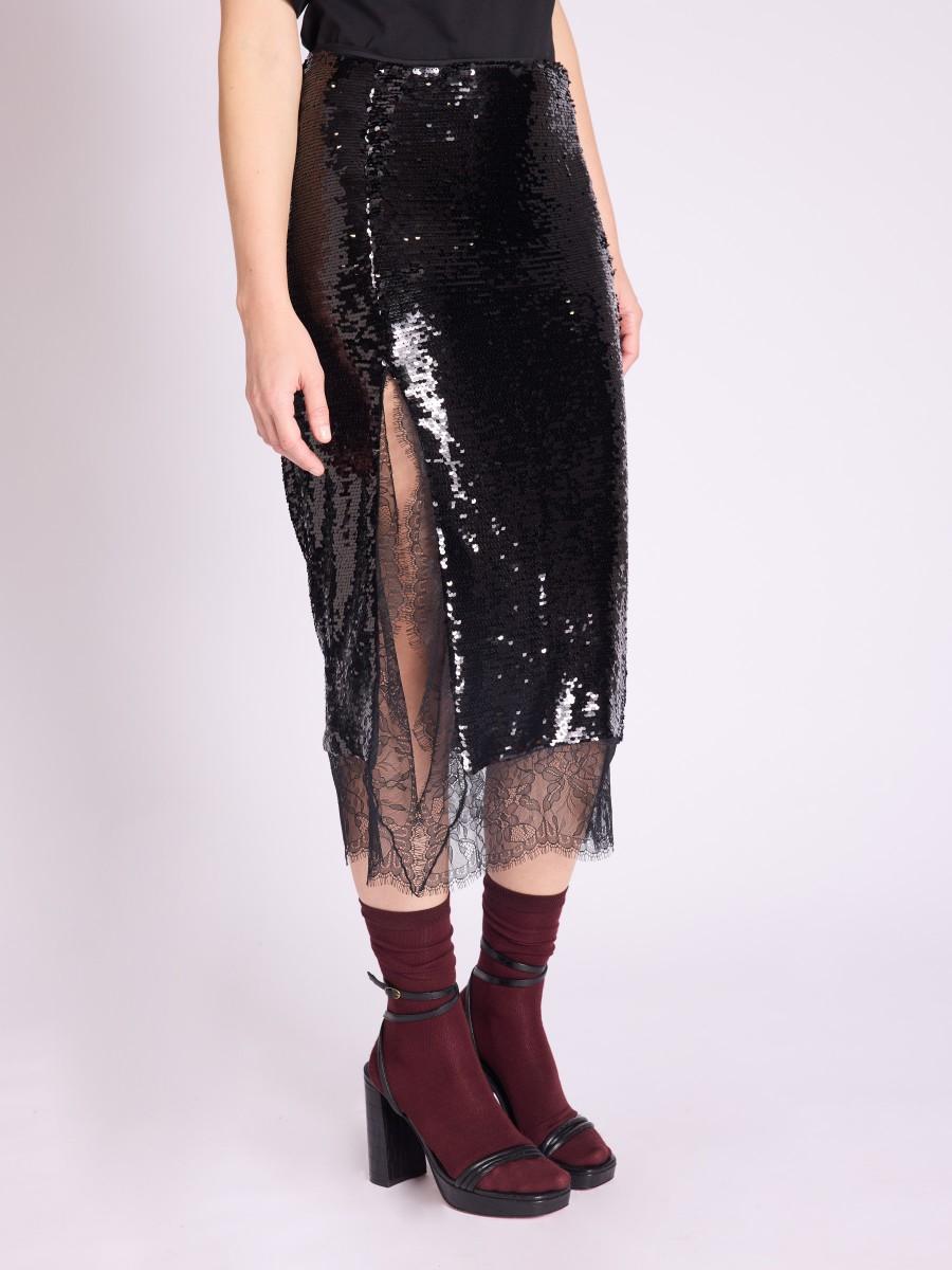 Berenice Jupe JANIK Jupe Longue à Sequins Noir Avec Fentes Sur Le Cotés à Dentelle